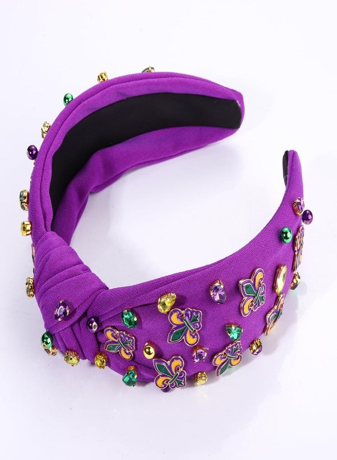 NVENF Mardi Gras Headband Accessories for Women Fleur De Lis Headbands Rhinestone Pearl Jeweled Knotted Headband Fat Tuesday Parade Party Favors Gifts （Fleur De Lis 2 - Purple） - Image 4
